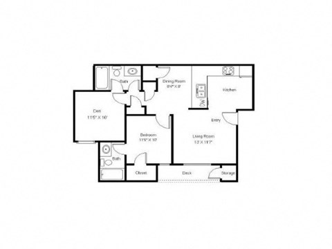 a floor plan of 1 bed 2 bath with den